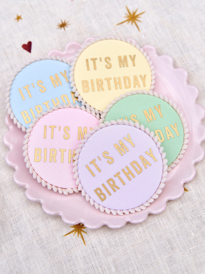 Pastel colour It's My Birthday Badges with pom pom trim
