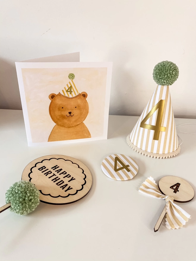 Bruno Bear Birthday Card and Matching Striped Party Hats and Badges