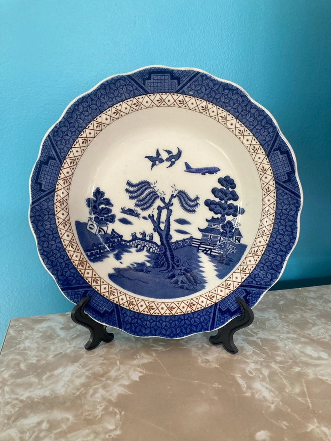 Willow pattern, plate, vintage plate, easyjet, handprinted, unique, gift, gift idea, one of a kind, haus of lucy, blue plate