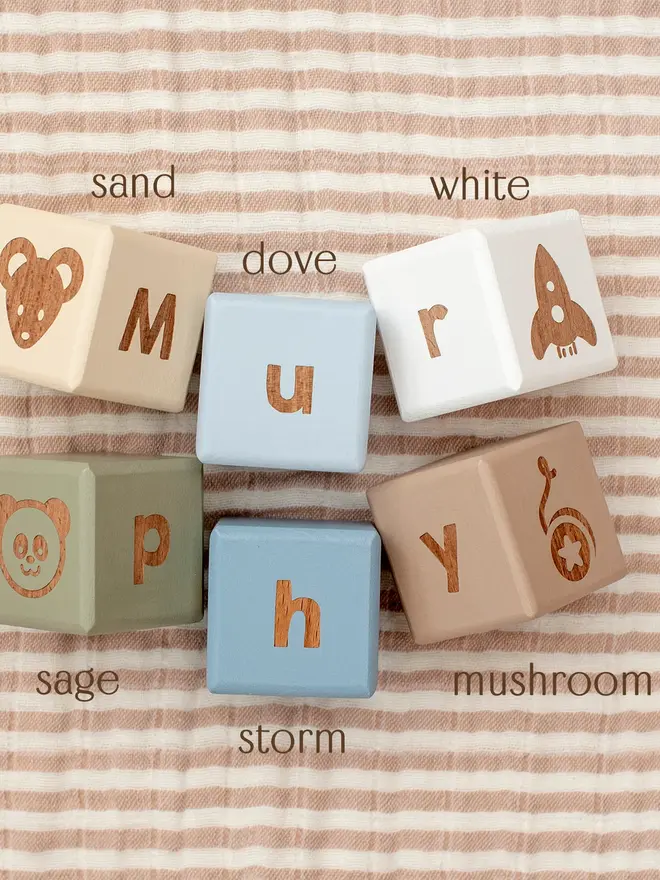 wooden baby letter blocks. a selection of square wooden blocks with engraved letters and illustrations, in various colours. 