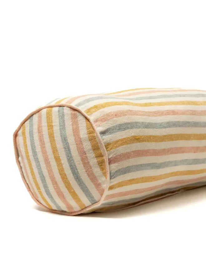 Linen Bolster Cushion 'Seaside Stripe' front view of the cushion to show its length and diameter