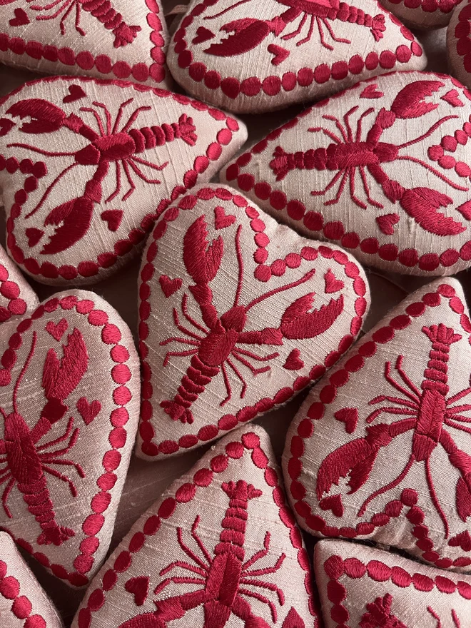 silk lobster ornaments, pink heart red thread red lobster satin stitch hand embroidery stuffed decorations