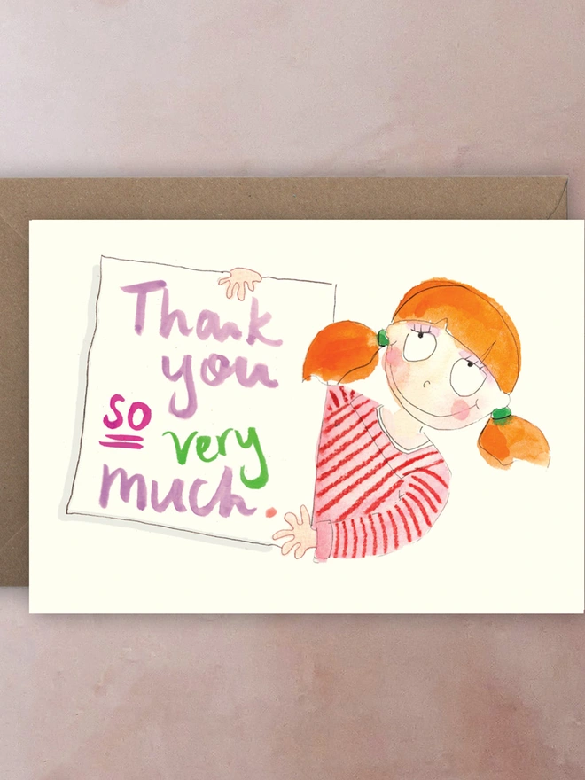 A Thank You So Very Much Card with a red headed girl holding a note