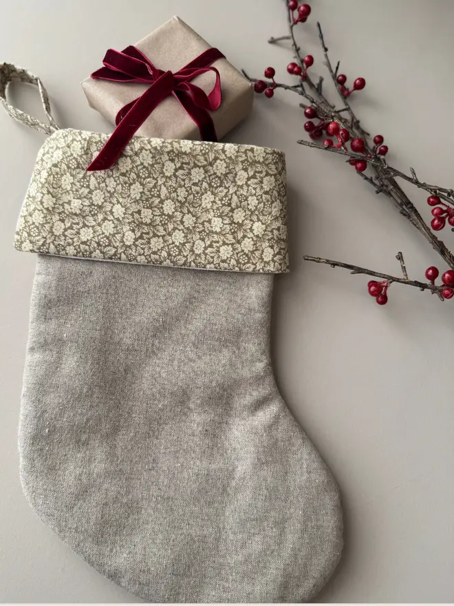 Green floral Mini Christmas Stocking.