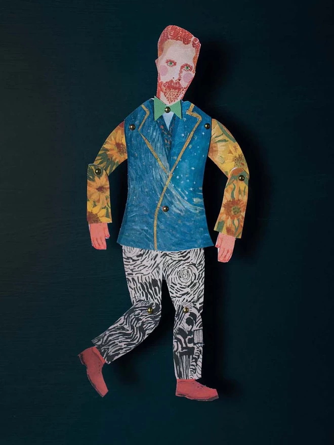 Made up articulated Vincent Van Gogh puppet against a black background