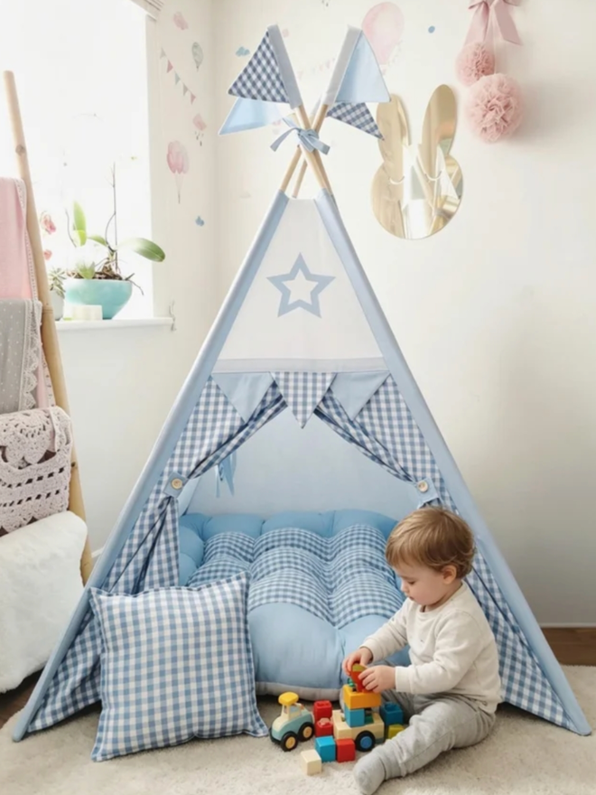 Personalised Blue Gingham Teepee. A teepee with blue gingham and white accents.