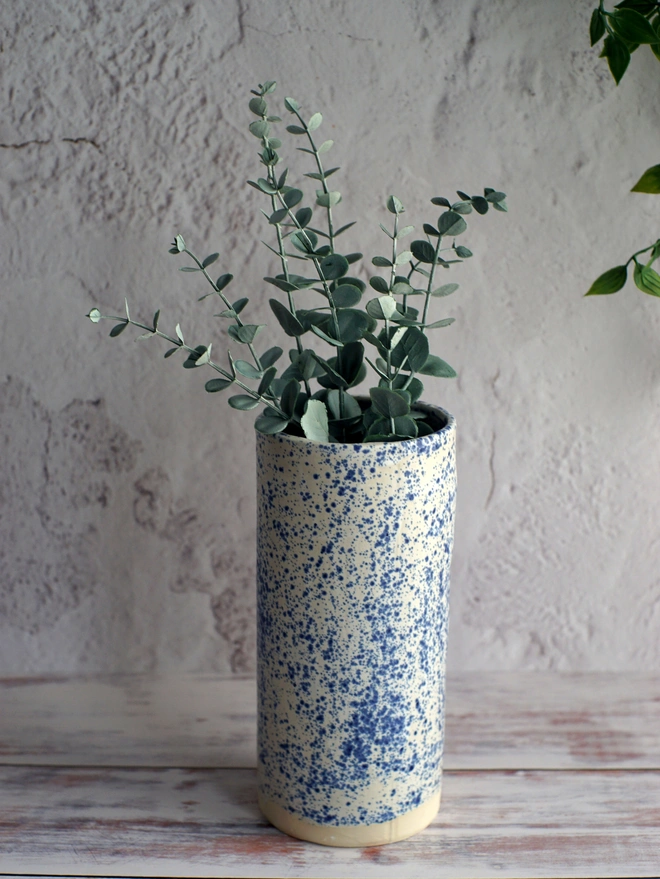 splatter vase, splatterware vase, CERAMIC VASE, large vase, tall vase, blue and white vase, ceramic vase, Jenny Hopps Pottery