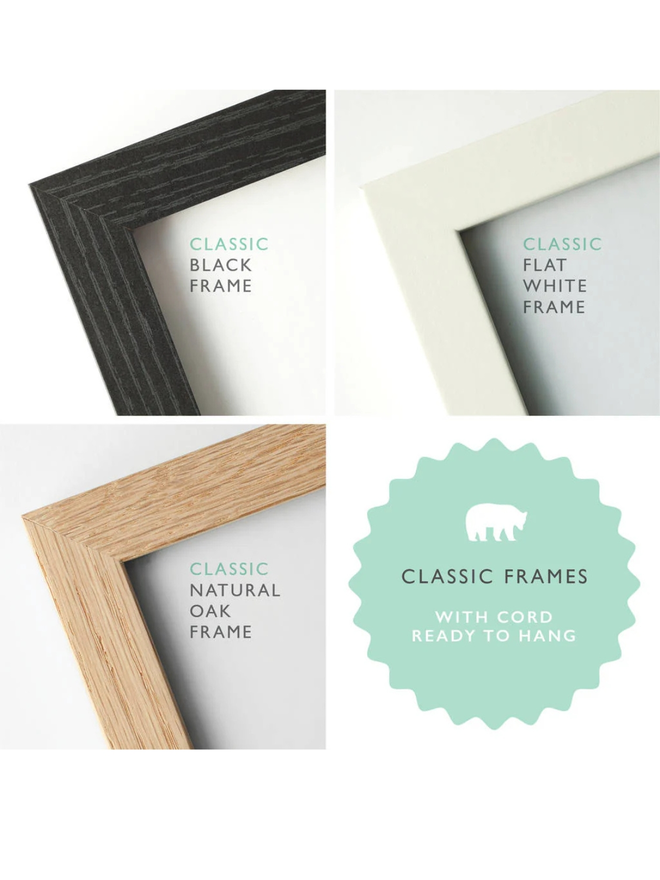 Framing options showing black, white and oak frames