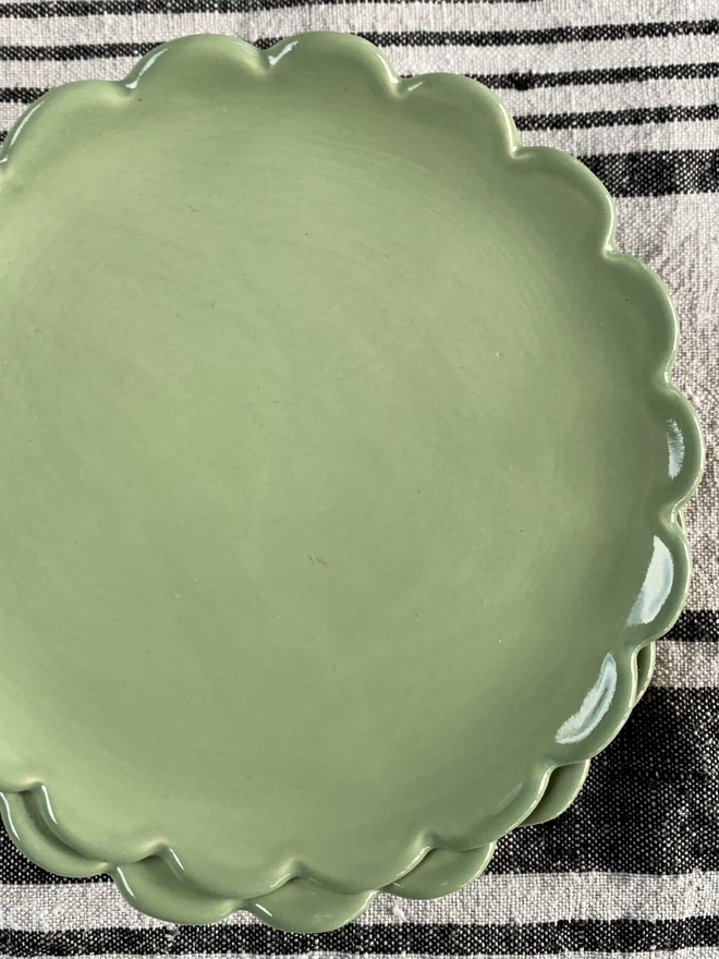 top view of camellia scalloped edge side plate in sage green