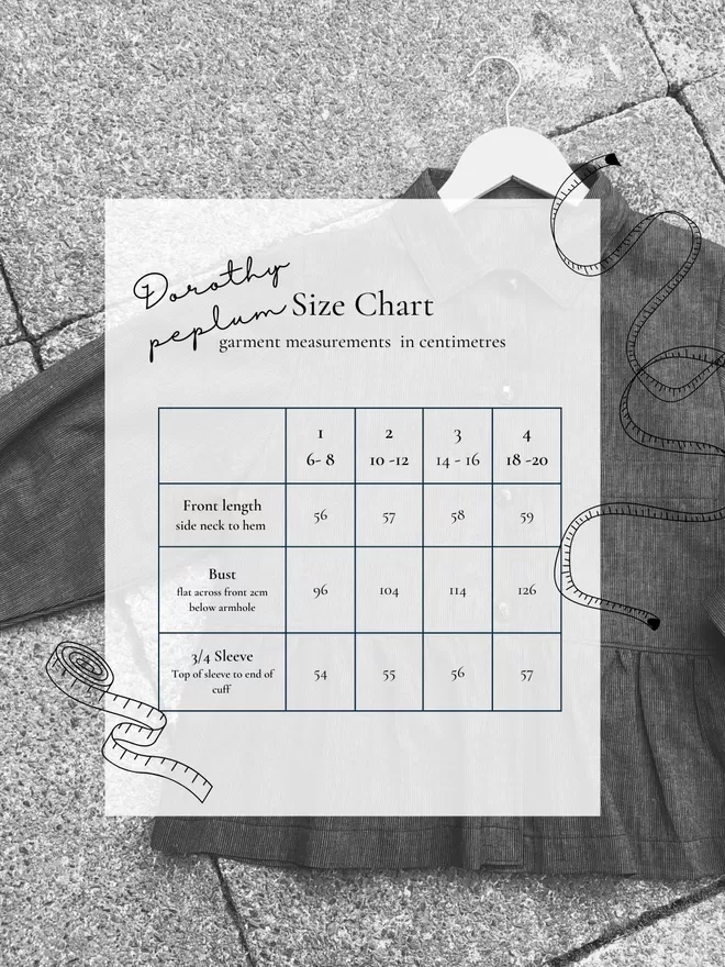 Garment measurements chart for Dorothy peplum blouse.