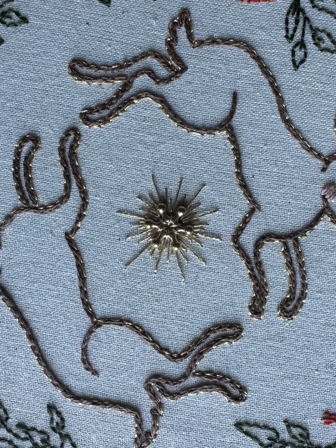 Hand stitched hares edged in gold and circling a gold bead and floss