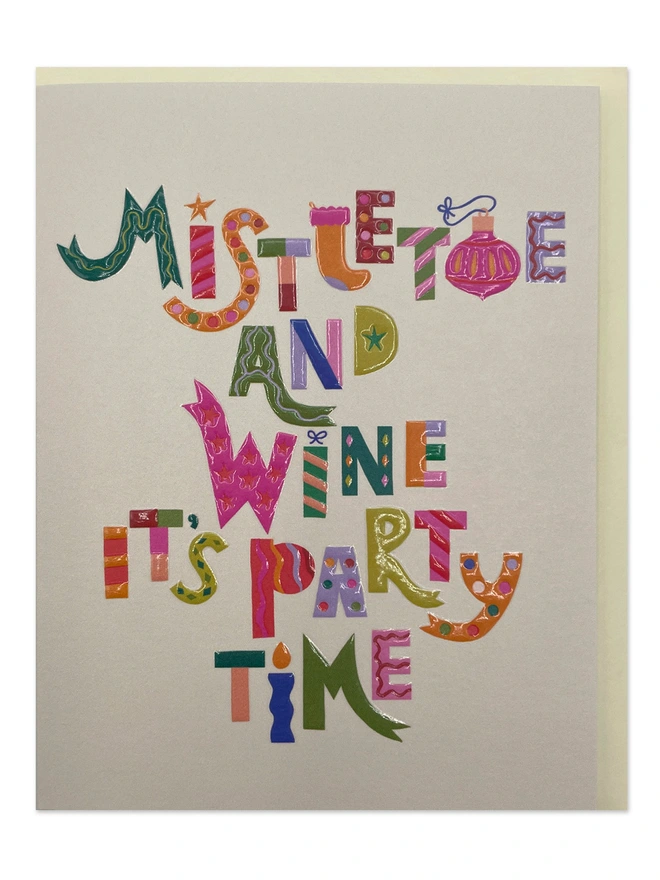 Cute & Joyful Mini Christmas Card ‘Mistletoe & Wine It’s Party Time’ Colourful Type | Raspberry Blossom