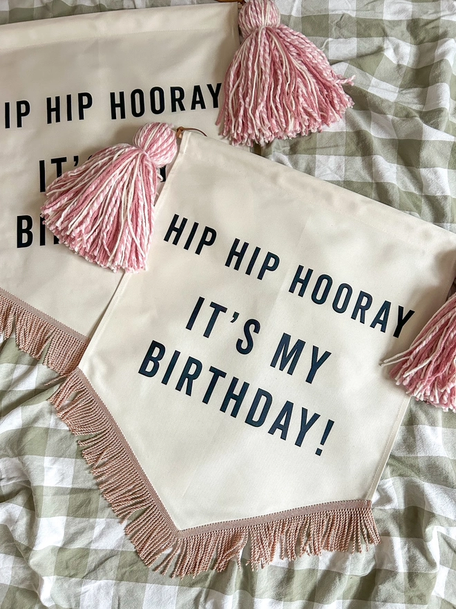 Hip Hip Hooray Fabric Birthday Banner with pink tassels and a rose gold trim