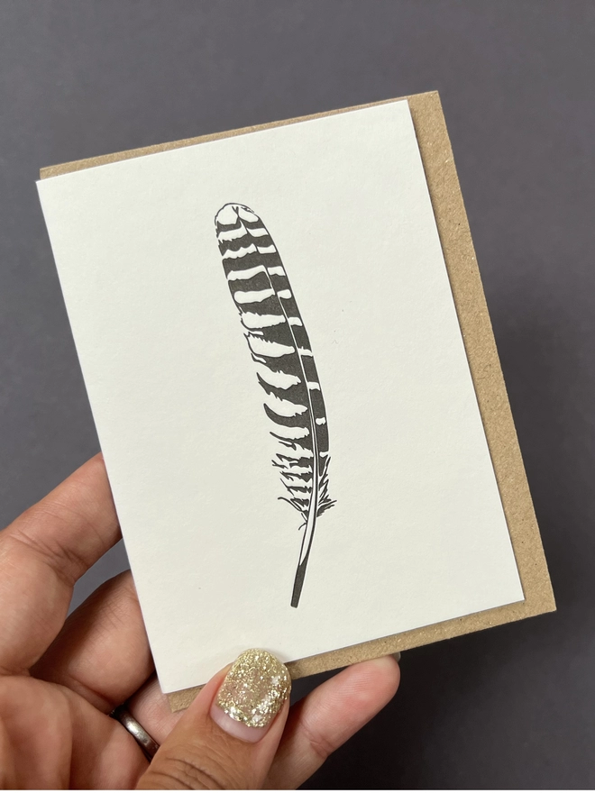 Image of the Tawny owl feather , there are two of each feather included in the gift box