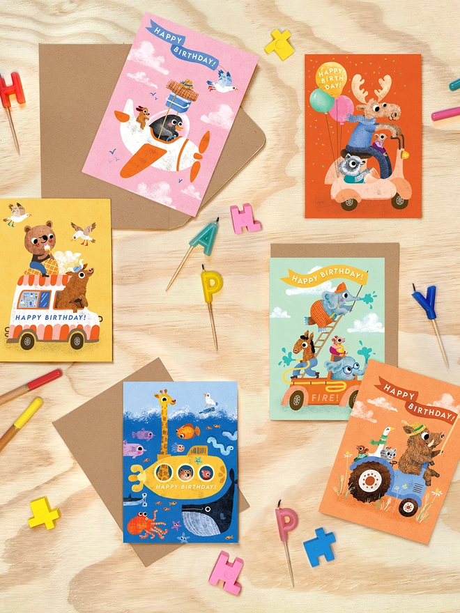 birthday set multipack pack greeting cards birthday card children's kids animal penguin moose elephant pig bear