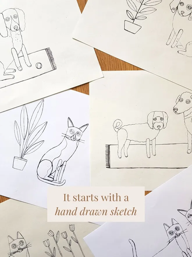 It starts with a sketch. Collage pet portrait by Lianne Harrison