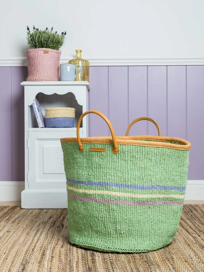 lifestyle green pastel stripe sisal laundry basket