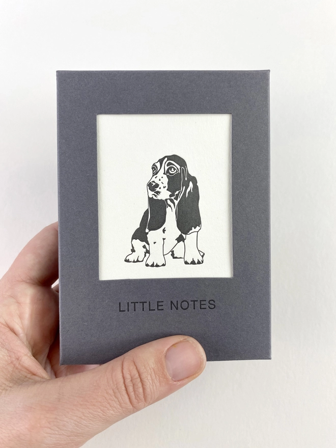 Front of the gift box showing the Bassett Hound little card, all made in the UK