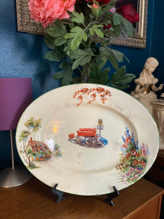 large oval vintage plate featuring a cottage on the left with a floral border. In the centre sits a pile of rubbish with an old sofa on top, next to a sign stating 'no fly tipping'.