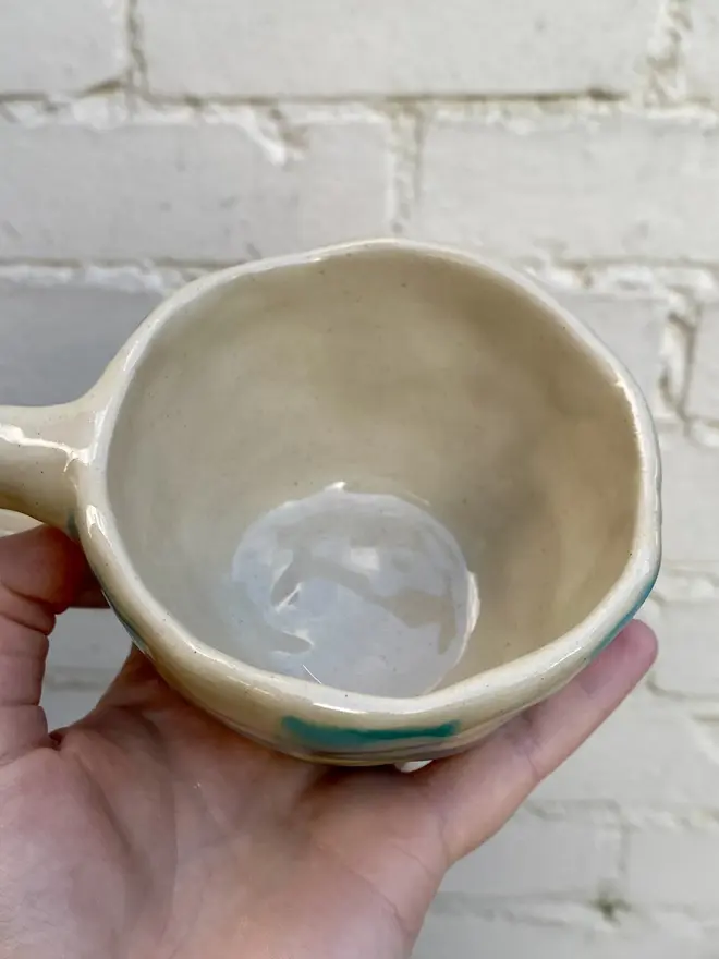 blue white check handmade ceramic smiley face mug