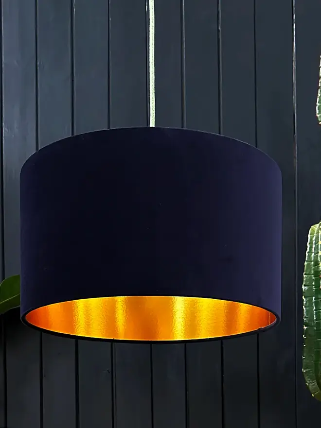 Indigo Blue Velvet Lampshade With Gold Foil Lining.