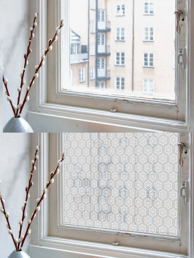 before and after of window with floral patterned window film