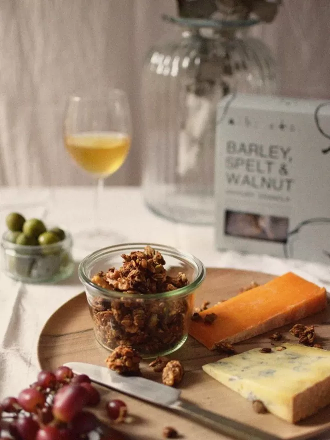 Barley, Spelt & Walnut Savoury Granola In Glass Bowl