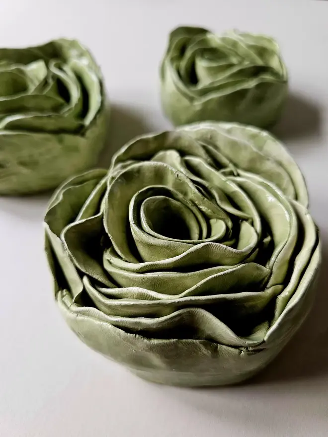 handmade green ceramic rose flower wall hanging decor sculpture art pottery glazed gift for her forever everlasting rose