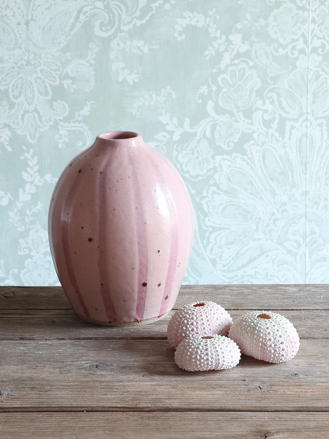 Handmade Ceramic Stoneware Rounded Vase in Pink Stripe sat on a wooden surface alongside a collection of three pink sea urchins. 