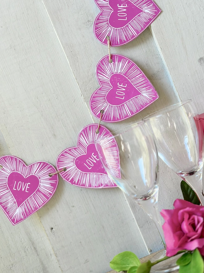 Heart Garland With Love Text Linocut Hanging Decoration