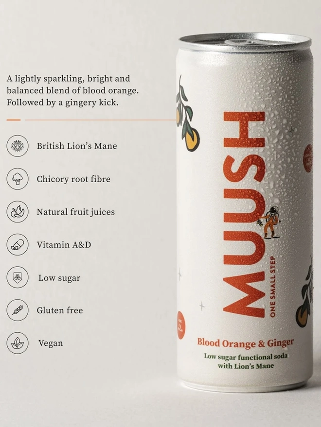Blood Orange & Ginger Cans (Pack Of 12), an infographic of a soda and what it contains. 