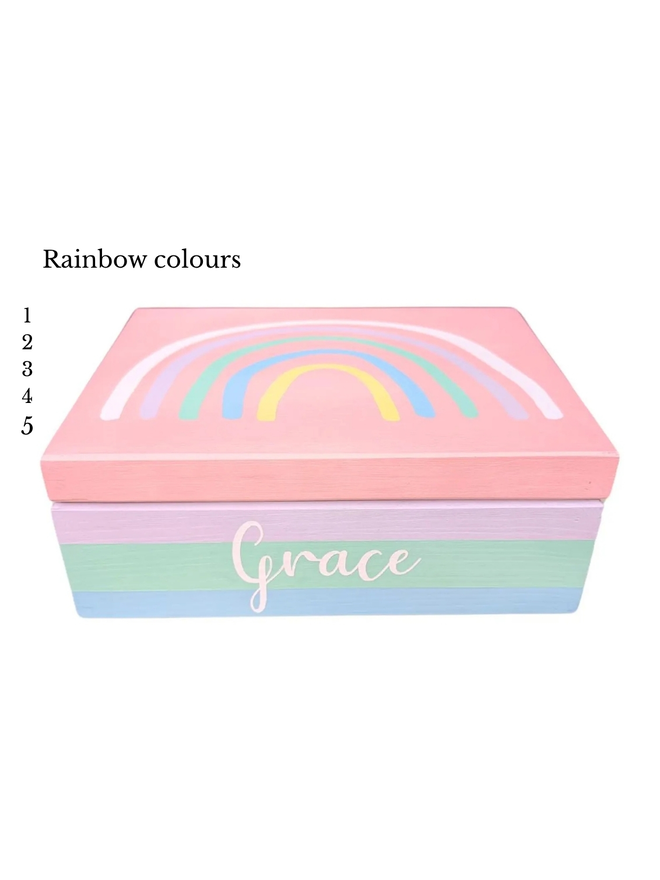 personalised rainbow kids' jewellery box. a custom wooden child's jewellery box.