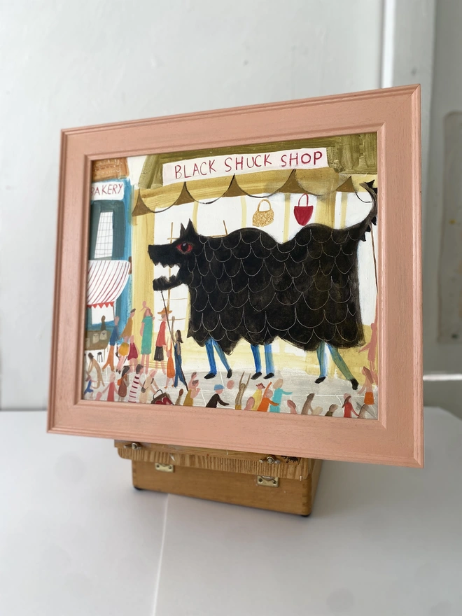 Original oil painting depicting the legendary East Anglian folklore dog, Black Shuck, crafted in a rich folk art style by Suffolk artist Samantha Barnes.