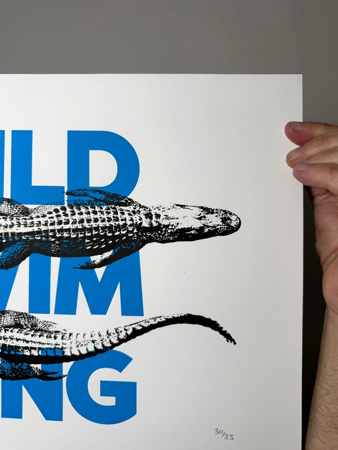 A humorous limited edition A3 screen printed poster. Featuring black alligators over blue 'wild swimming' typography. Showing close up of detail top left.