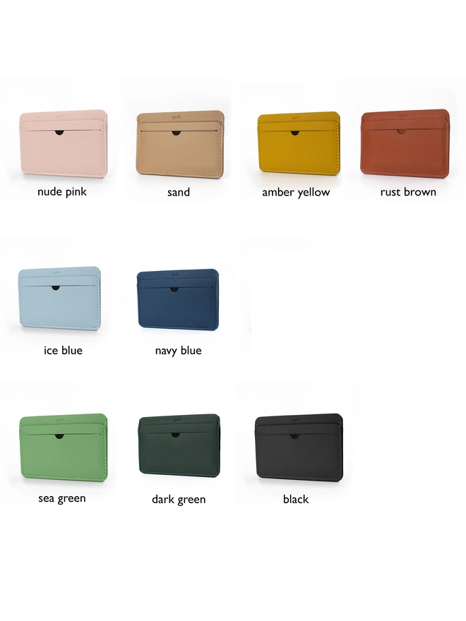 colour variation of the cardholders. top row is nude pink, sand, amber yellow and rust brown respectively. Middle row has the ice blue and navy blue respectively. the bottom row is sea green, dark green and black respectively.