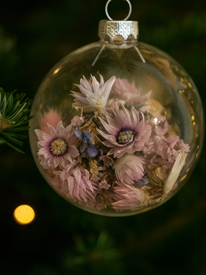 Glass baubles filled with dried flowers hanging in a Christmas tree