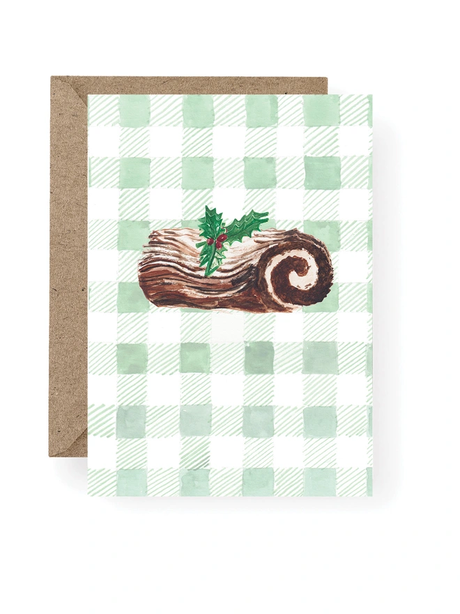 gingham background illustrated Yule log Christmas card