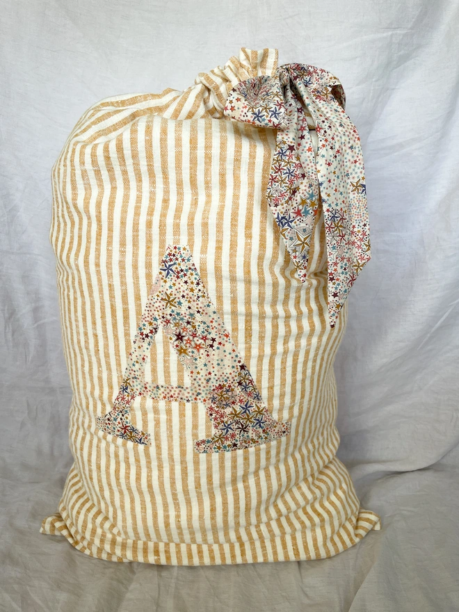 Gold Striped Linen Gift Sack Liberty Print initial