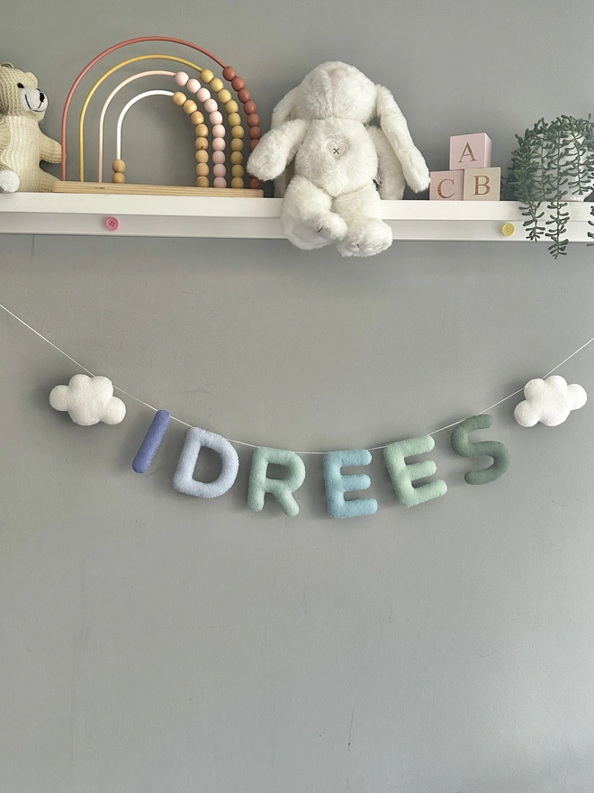 Personalised Name Garland with Clouds, kids decoration, nursery bunting, baby gift, wall hanging in green blues
