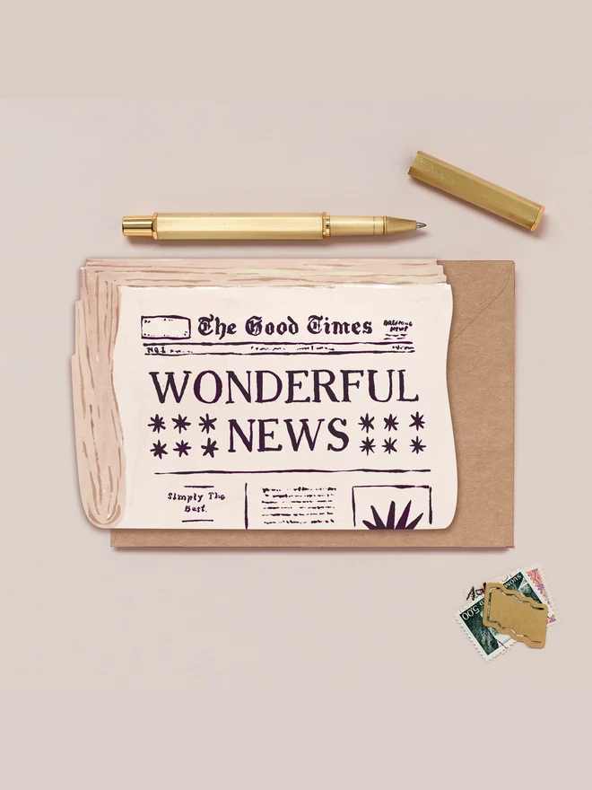 Newspaper Congratulations Card by Sister Paper Co with a kraft envelope