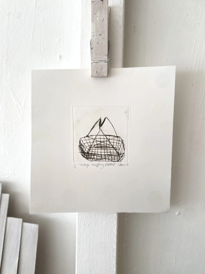 'Vintage Shopping Basket' Drypoint Print by Samantha Barnes