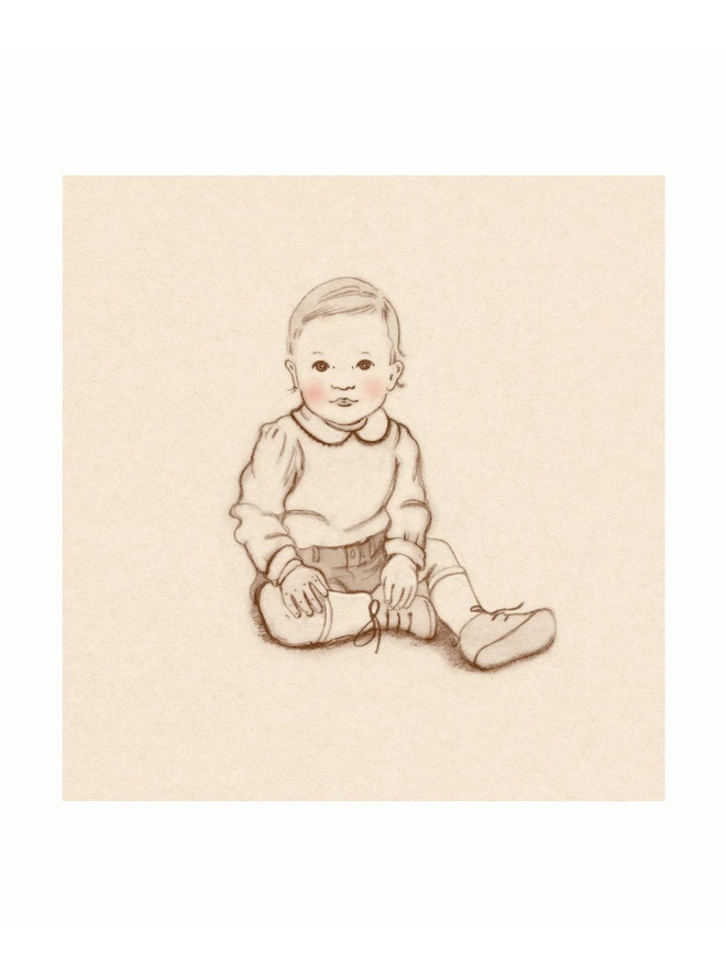 a personalised drawing of a baby in sepia line work on cream background drawn in a vintage story book style pink rosy cheeks