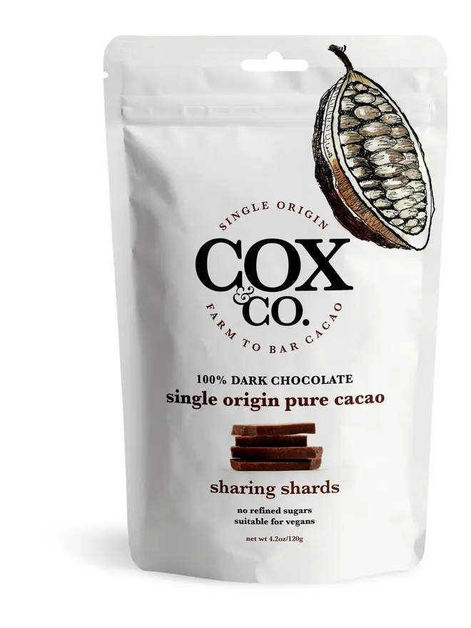 Cox&Co Sharing Shards Pouch - Single Origin Pure Cacao, a pouch sitting on a white table surface. 