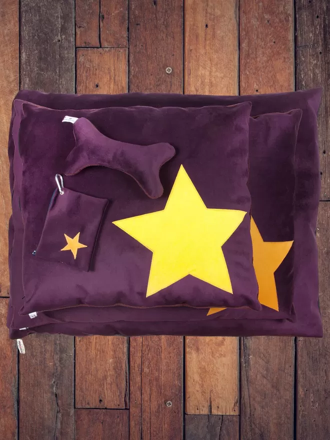 Plum Velvet Dog Bed in 2 Sizes With Golden Star