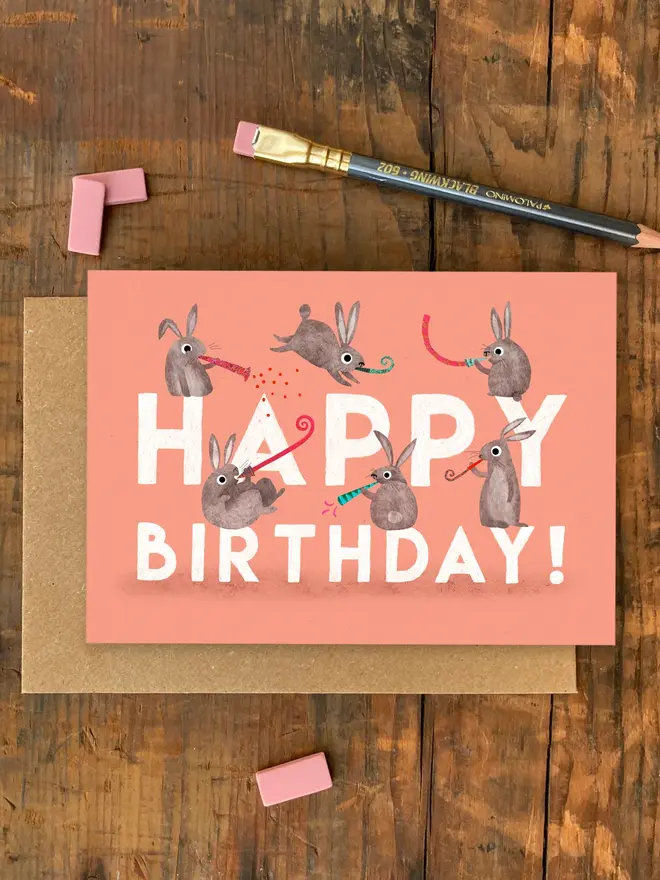 happy birthday rabbits illustrated card