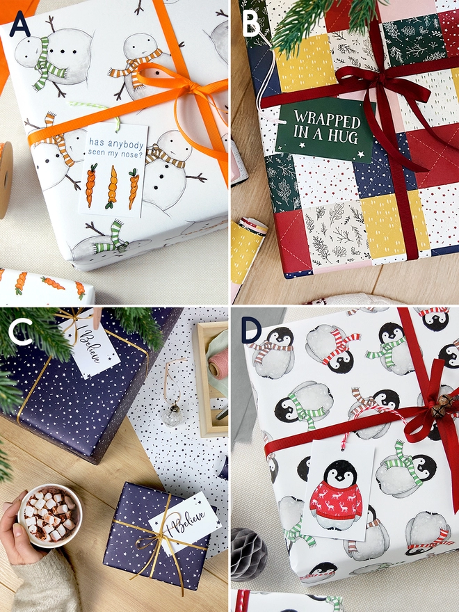 An image split into four sections, each one with a different gift wrap design. The designs in clockwise order are snowman, patchwork, baby penguin, and navy stars.