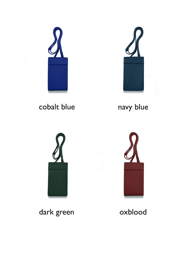 colour variation of the phone bag. From Cobalt Blue on top left corner, Navy Blue on top right corner, Dark Green on bottom left corner and oxblood on bottom right corner.
