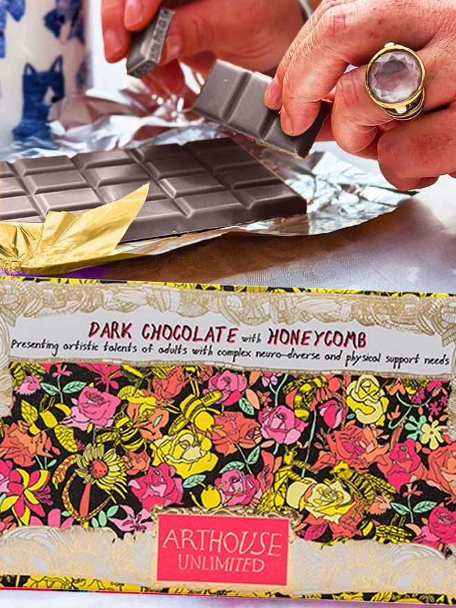 Charity dark chocolate with honeycomb packed in foiled card with orange, yellow & pink bee drawings 