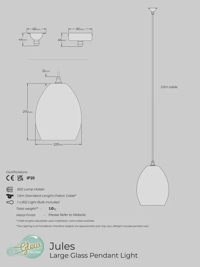 Large Jules Pendant Light Specification Sheet 