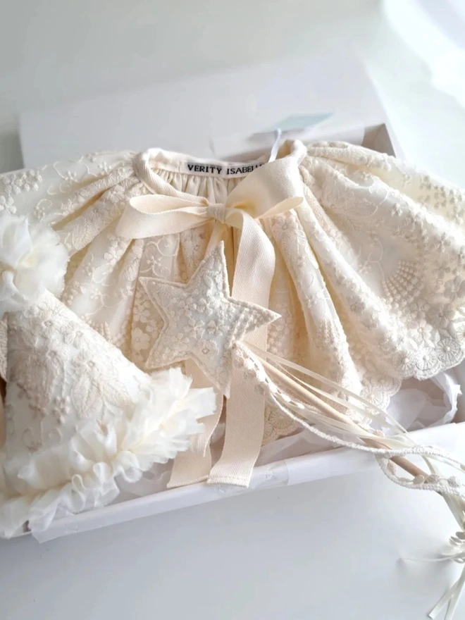 White Lucine Lace Cape, Party Hat & Wand Collection in a cardboard box